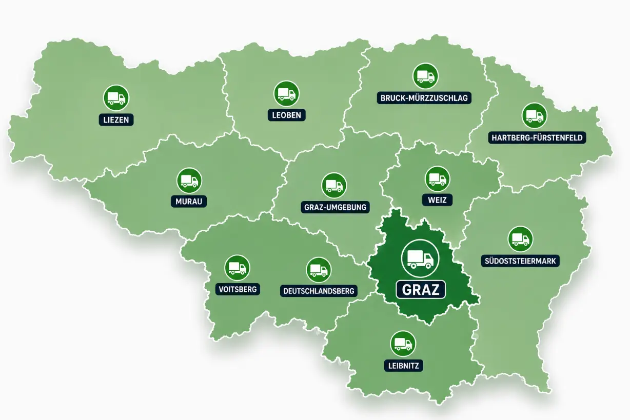 Karte der Steiermark – Einsatzgebiet für Hausentrümpelung in Graz & allen Bezirken